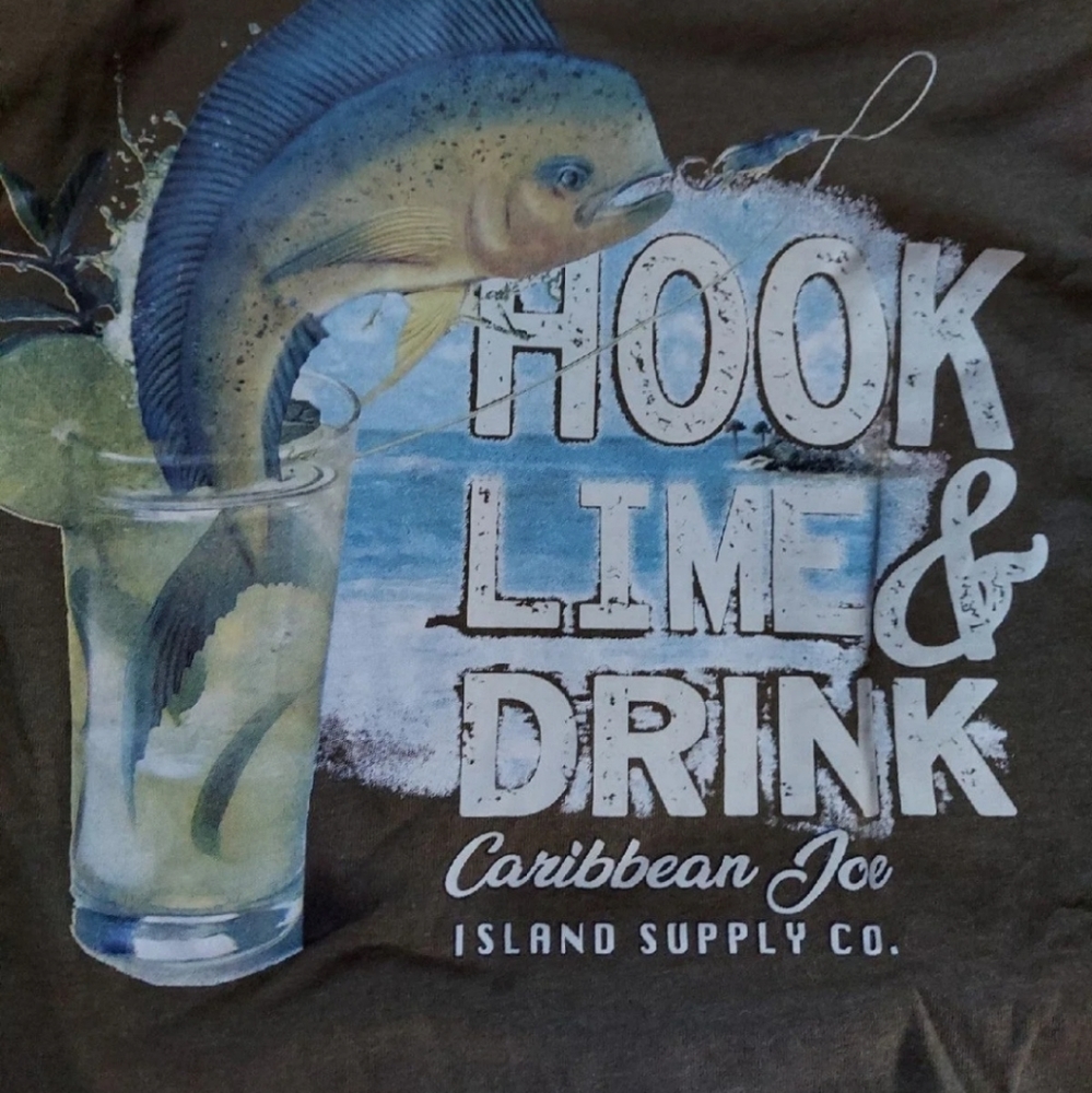 CARIBBEAN JOE HOOK LIME & DRINK LONG SLEEVE T-SHIRT LG Khaki Green BNWT 1 LEFT